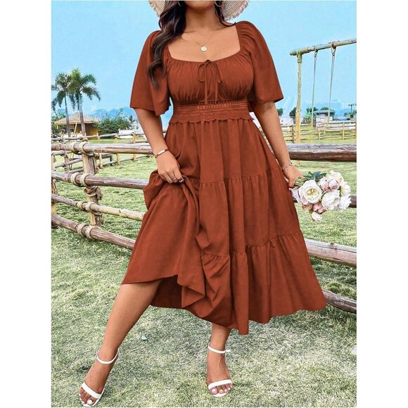 Plus Size Women's Dress Ruffle Tie Front Square Neck A Line Casual Summer - Picture 3 of 5